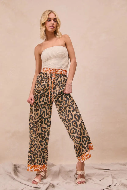 Leopard Print With Contrast Banded Wide Pants