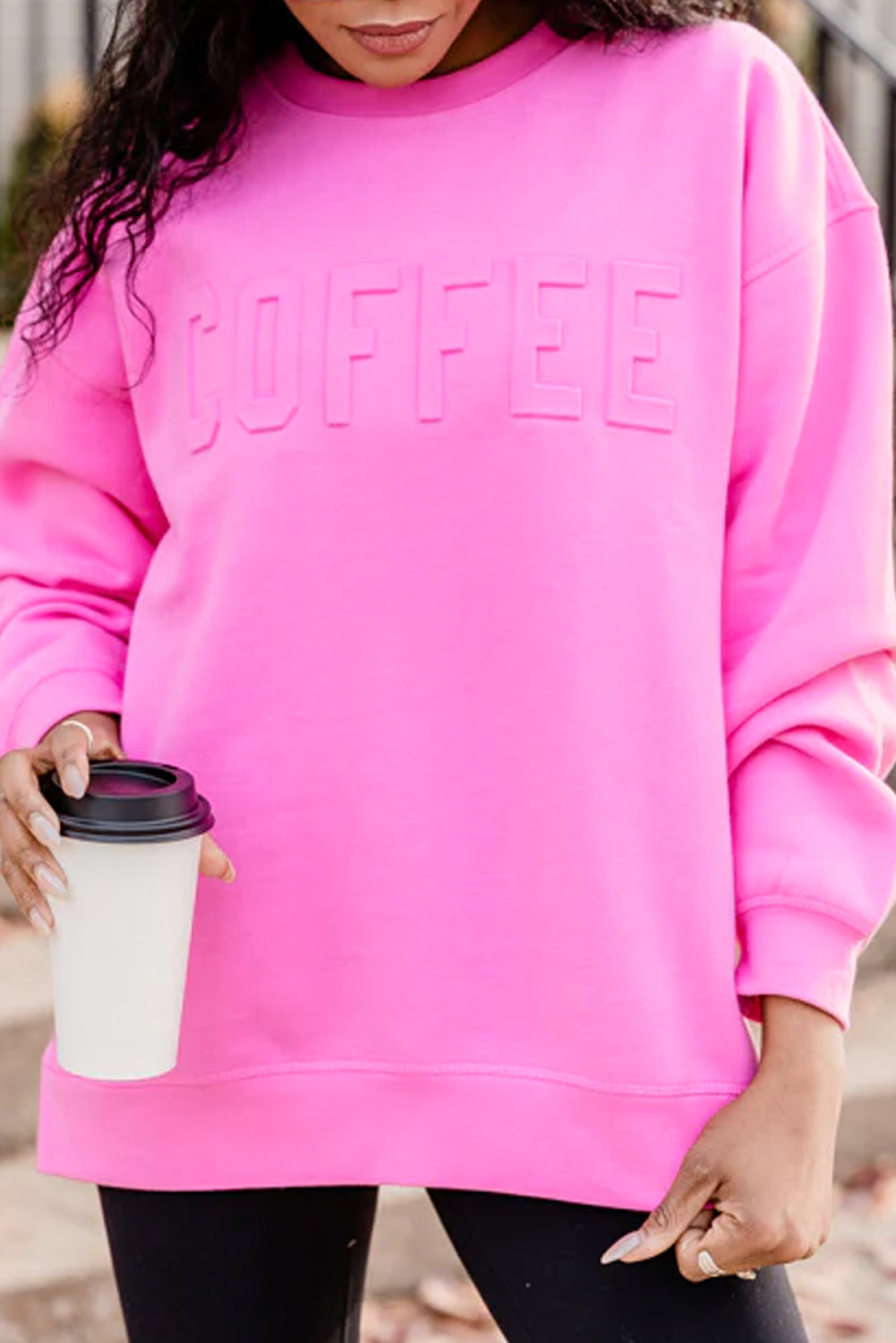 Bright Pink COFFEE Letter Embossed Casual Sweatshirt