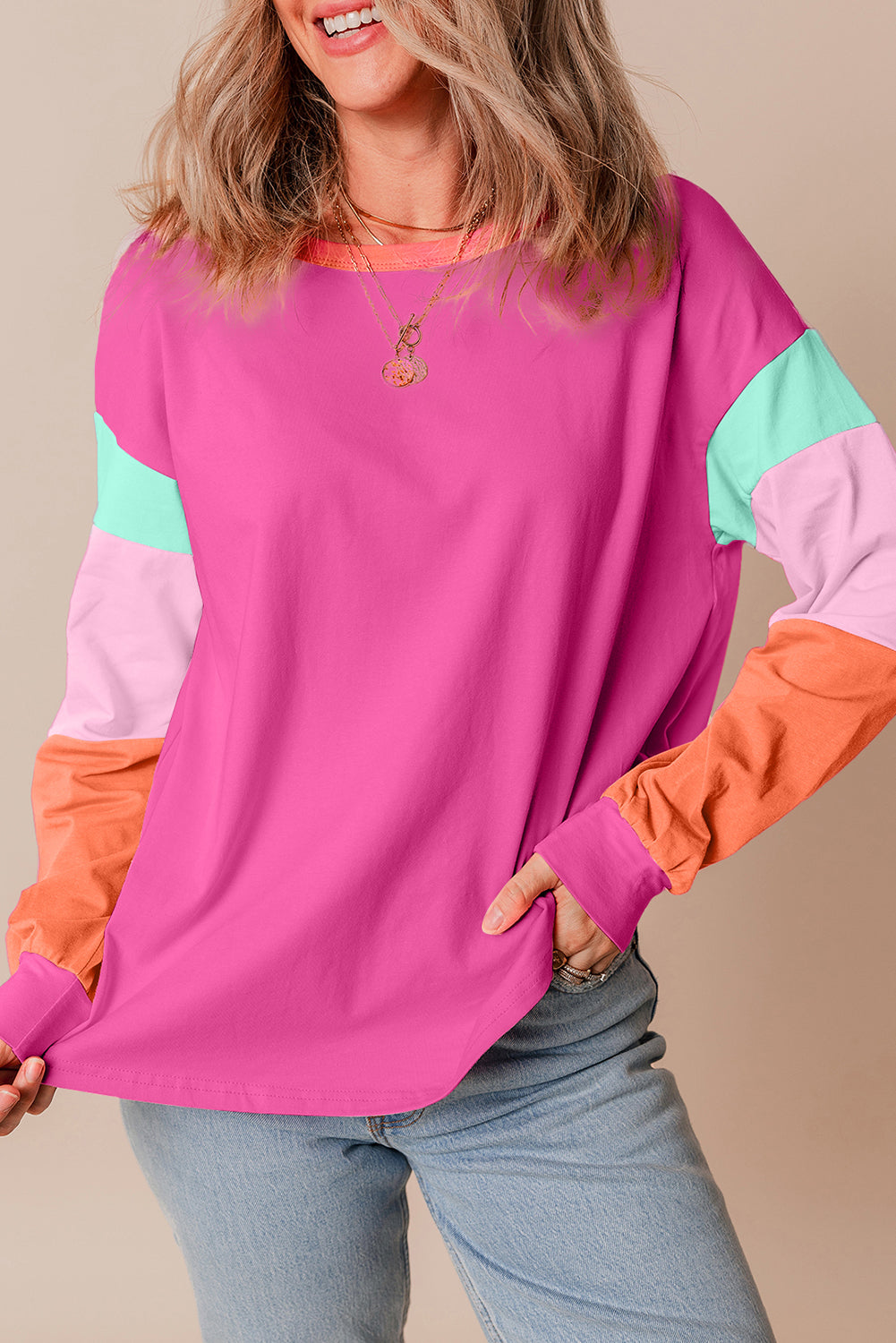 Color Block Patchwork Long Sleeve Loose Top