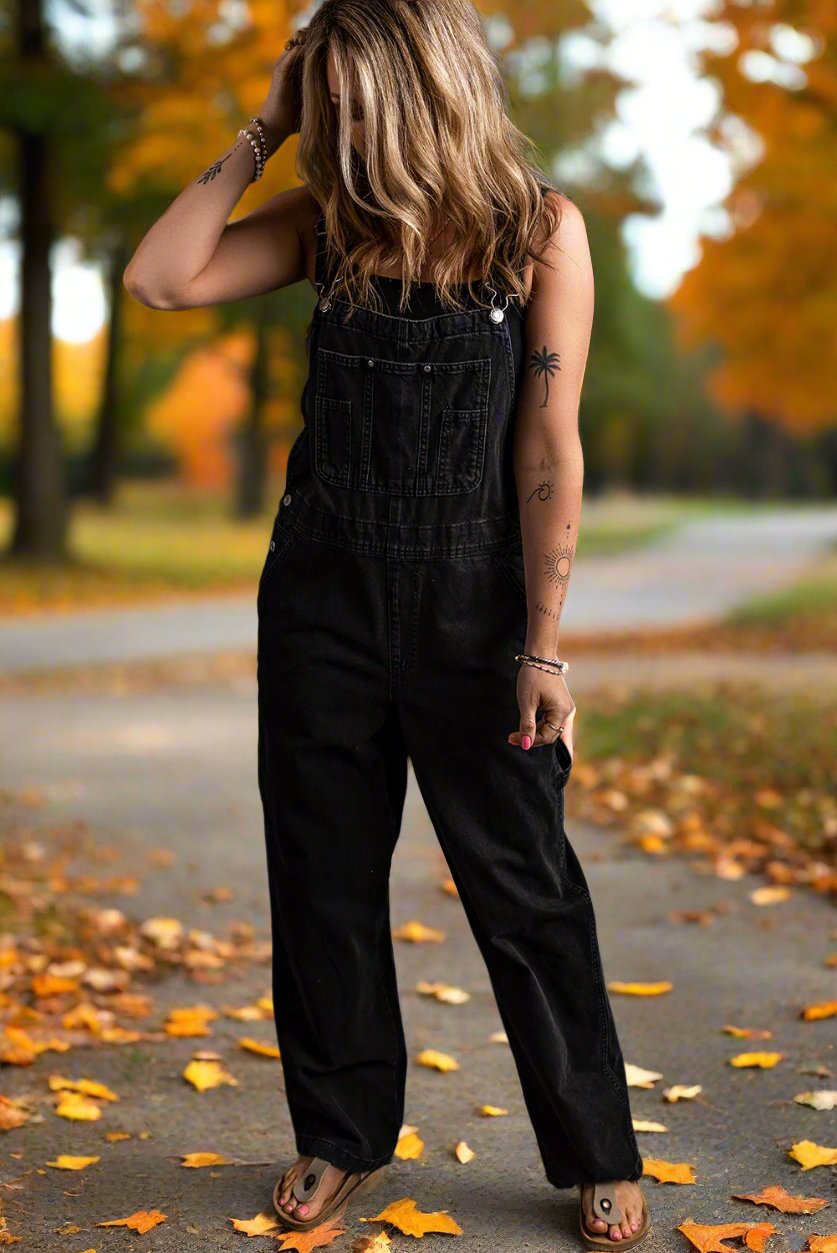 Black Adjustable Buckle Straps Denim Overalls