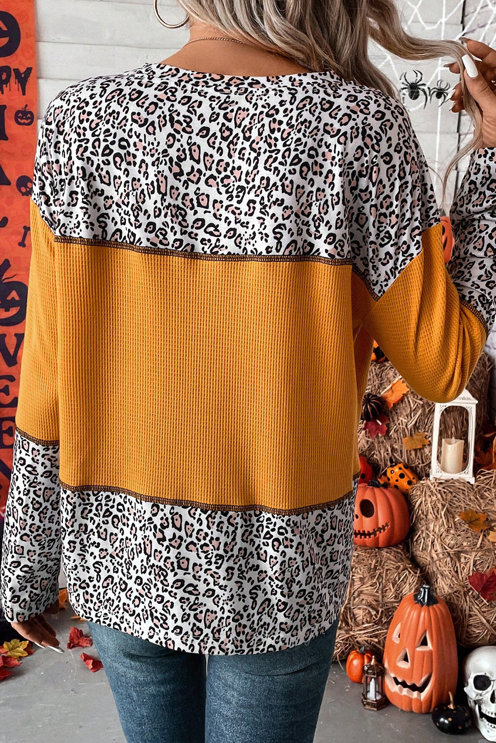 Leopard Print Waffle Knit Patchwork Top in Vitality Orange