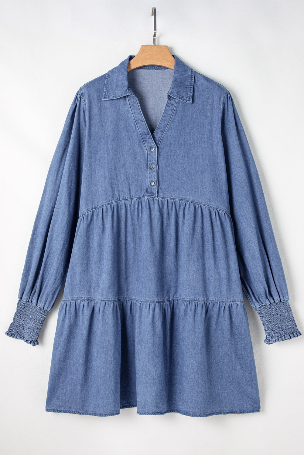 Smocked Cuff Buttoned Tiered Denim Mini Dress