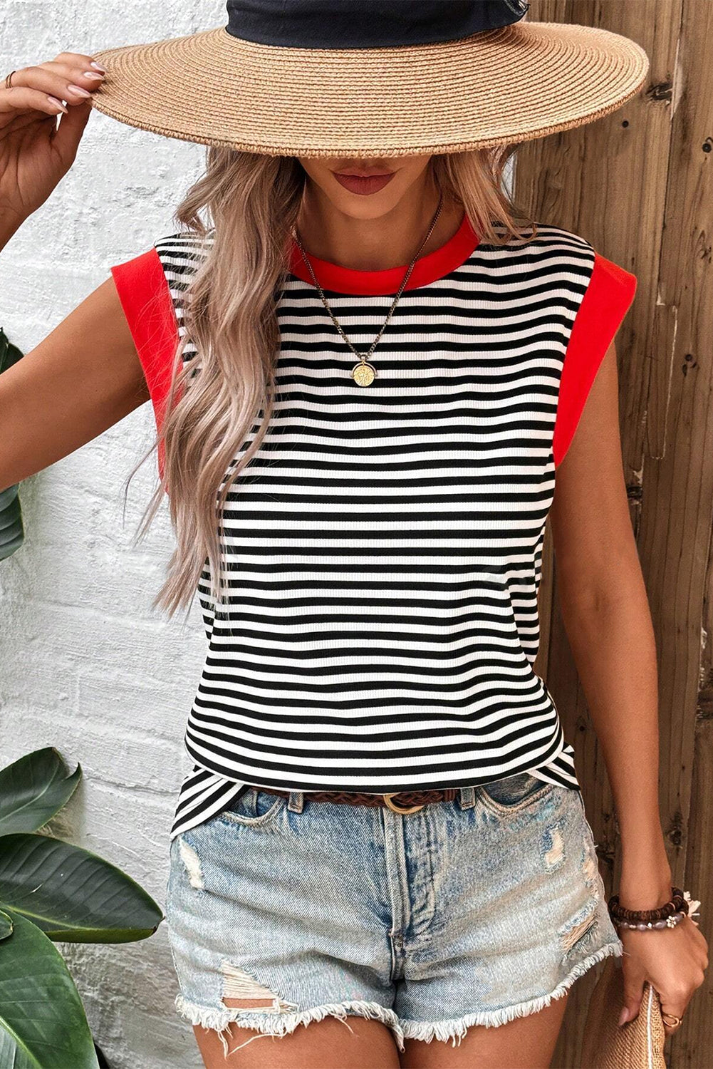 Black Stripe Colorblock Edge Round Neck Top