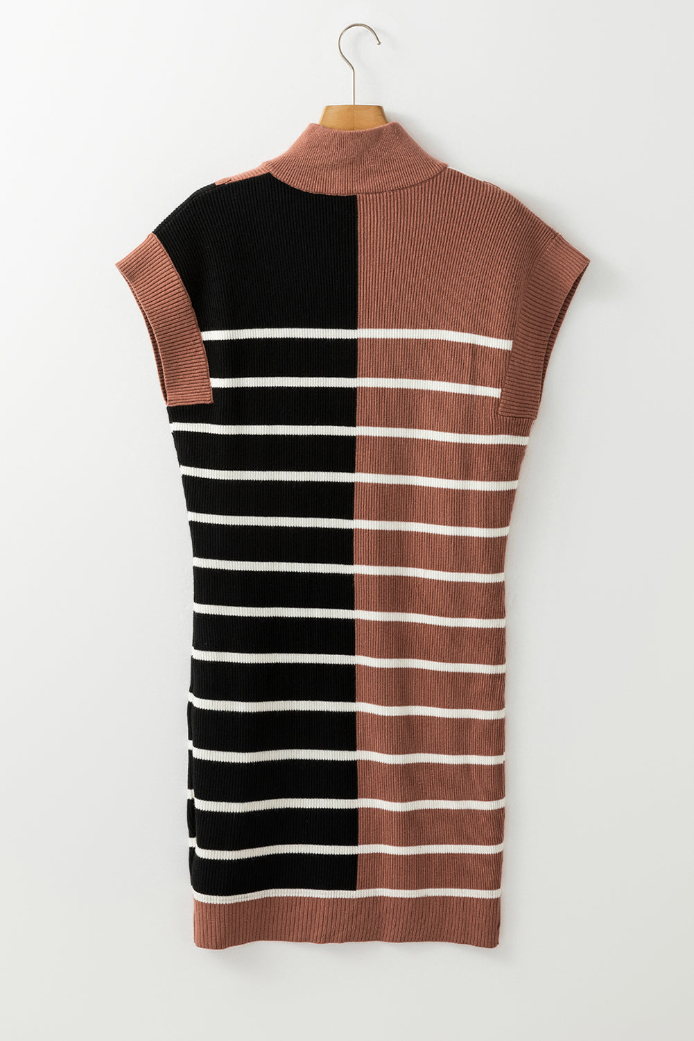 Stripe Color Block Quarter Zip Collar Short Sleeve Sweater Dress