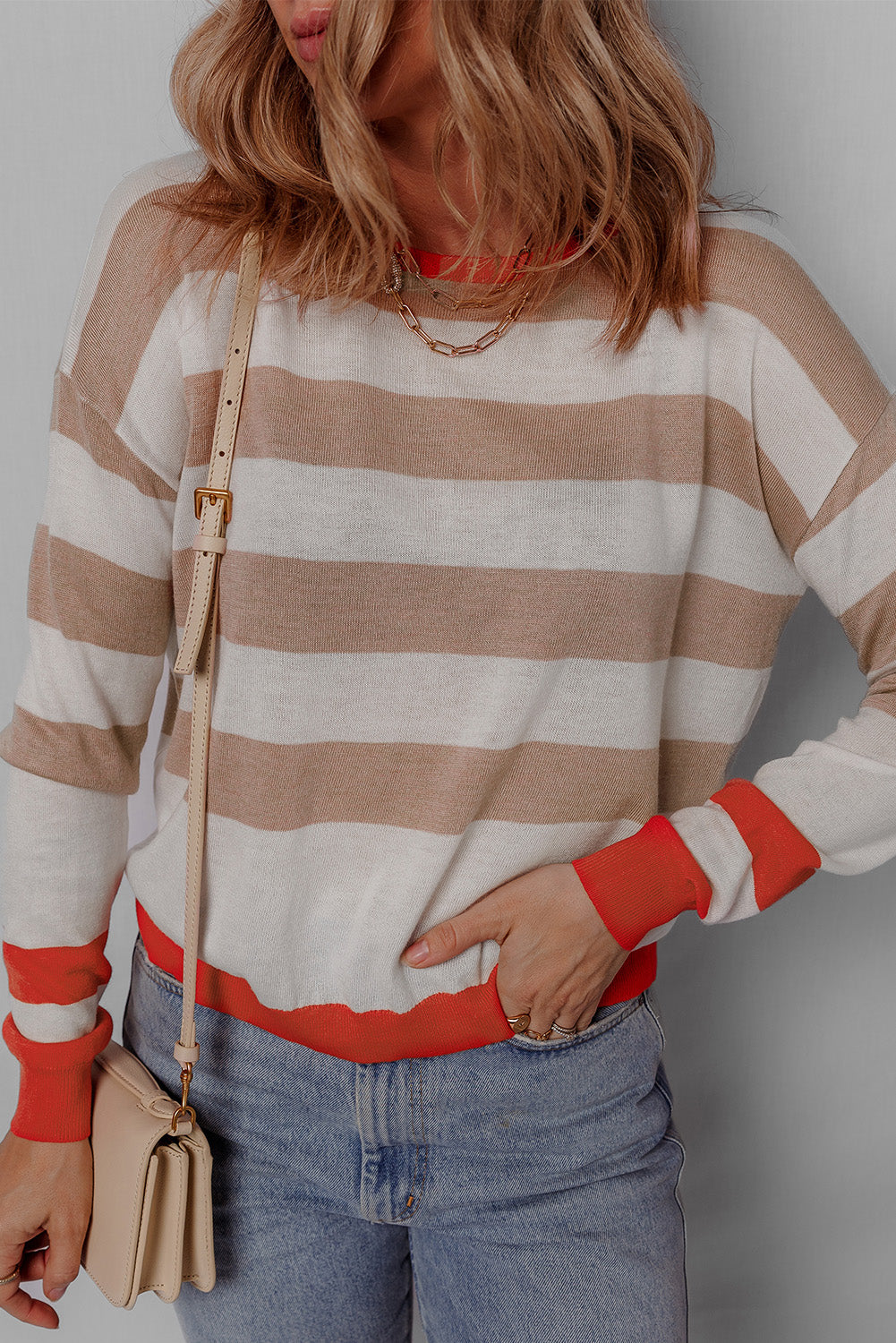 Apricot Striped Round Neck Drop Shoulder Sweater