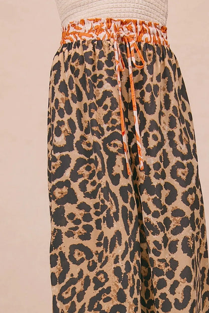 Leopard Print With Contrast Banded Wide Pants