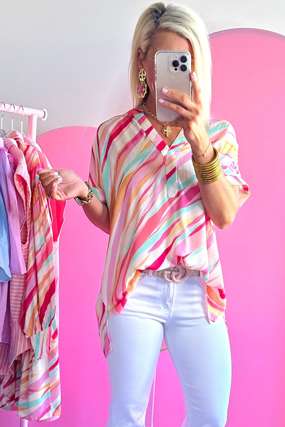 Multicolor Abstract Print High Low Short Sleeve Blouse