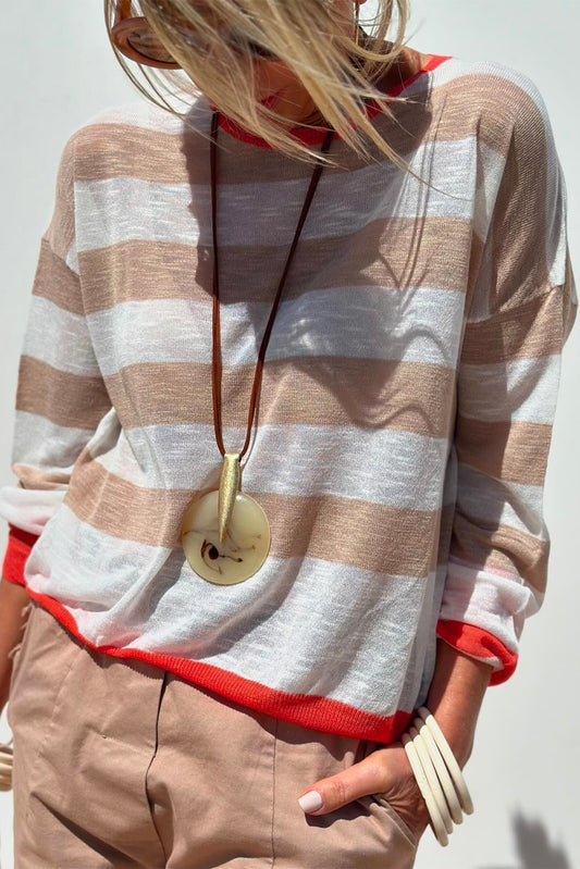 Apricot Striped Round Neck Drop Shoulder Sweater