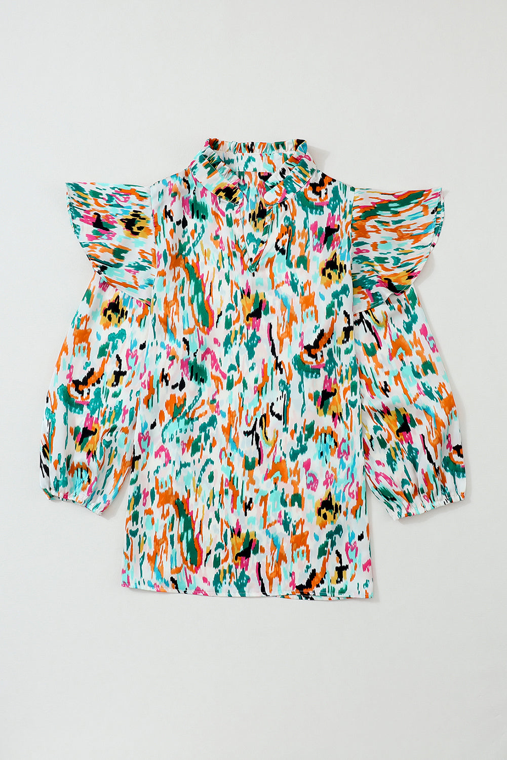 Multicolor Abstract Print 3/4 Puff Sleeve Ruffle Blouse in Teal Multicolor