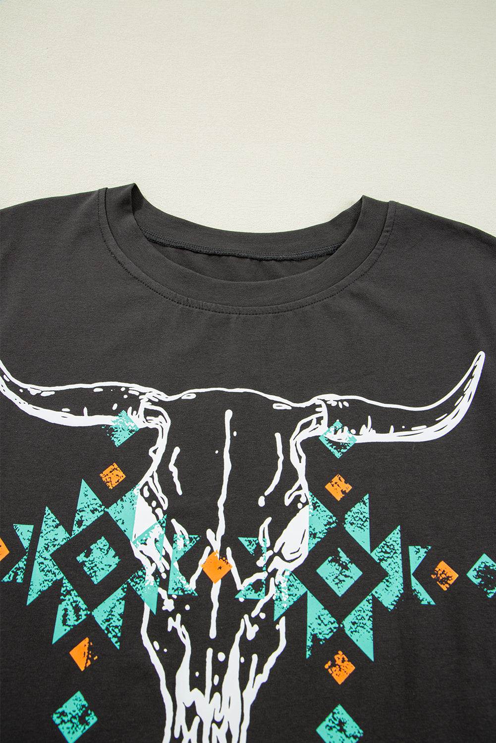 Carbon Grey Vintage Western Bull Head Skull Turquoise Aztec T Shirt