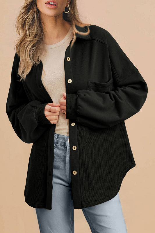 Waffle Knit Patchwork Buttoned Oversized Shacket