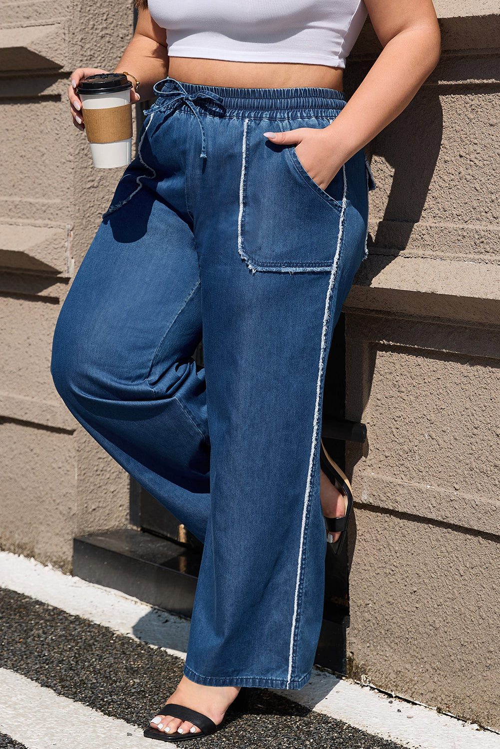 Blue Washed Denim Chambray Loose Pants in CURVY SIZE ONLY