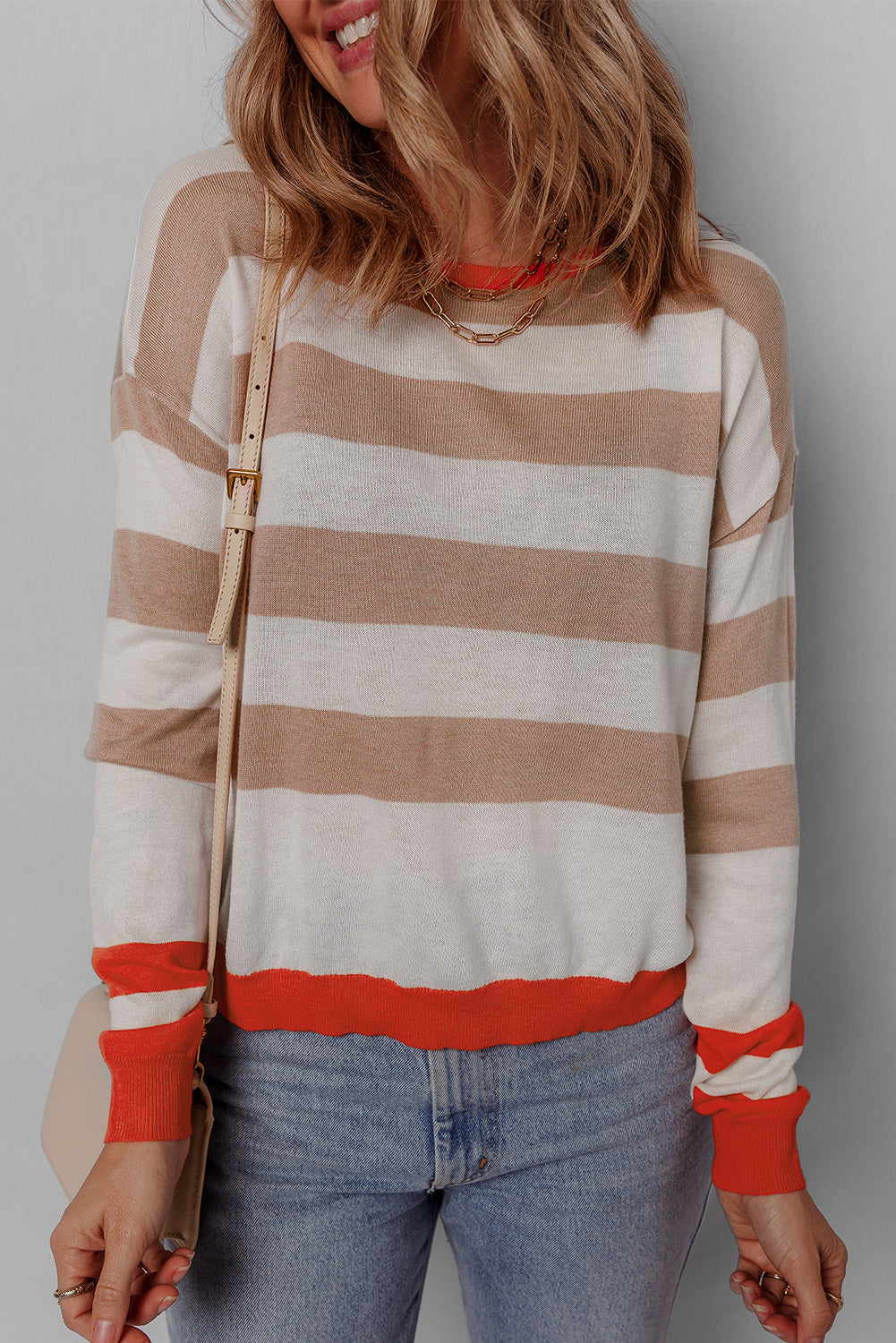 Apricot Striped Round Neck Drop Shoulder Sweater