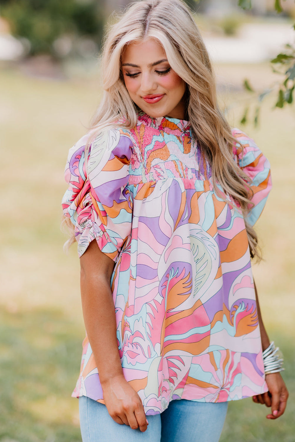 Pink Abstract Blouse with Bubble Sleeve