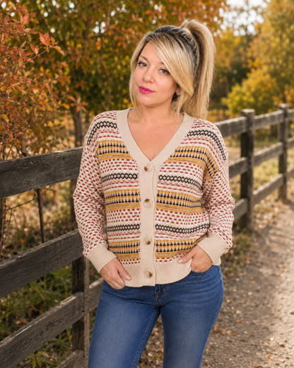 A woman wearing a beige cardigan with geometric patterns in black, yellow, and orange, paired with blue jeans, standing outdoors next to a wooden fence with autumn trees in the background.