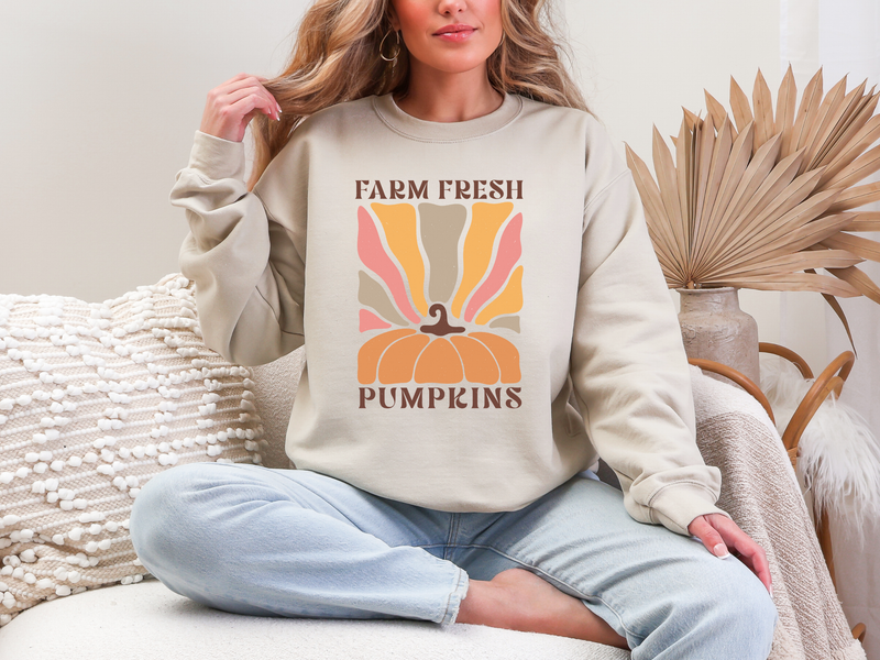 Person wearing a beige sweatshirt with 'Farm Fresh Pumpkins' design, sitting on a couch.
