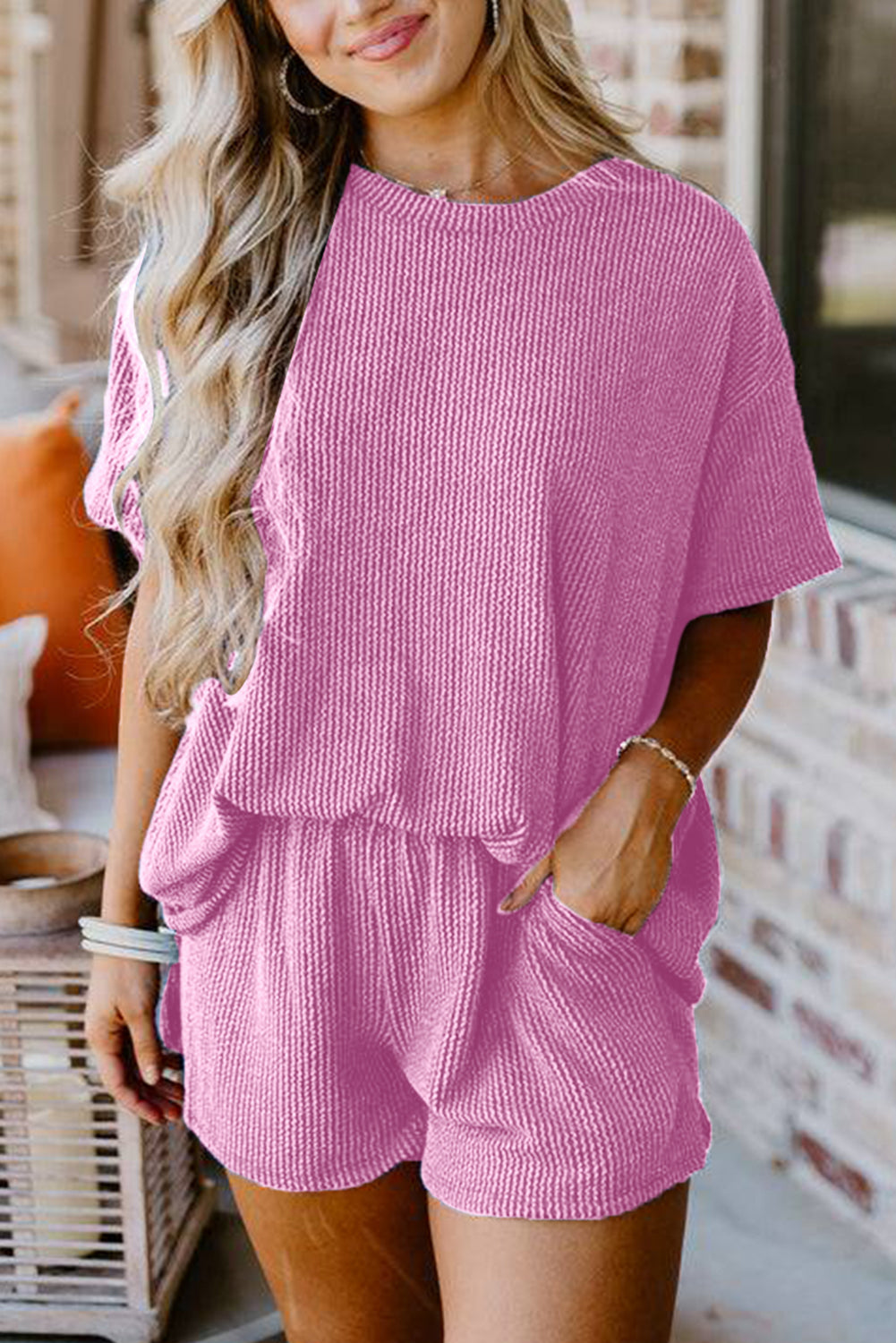 Ribbed Textured Knit Loose Fit Tee and Shorts Set