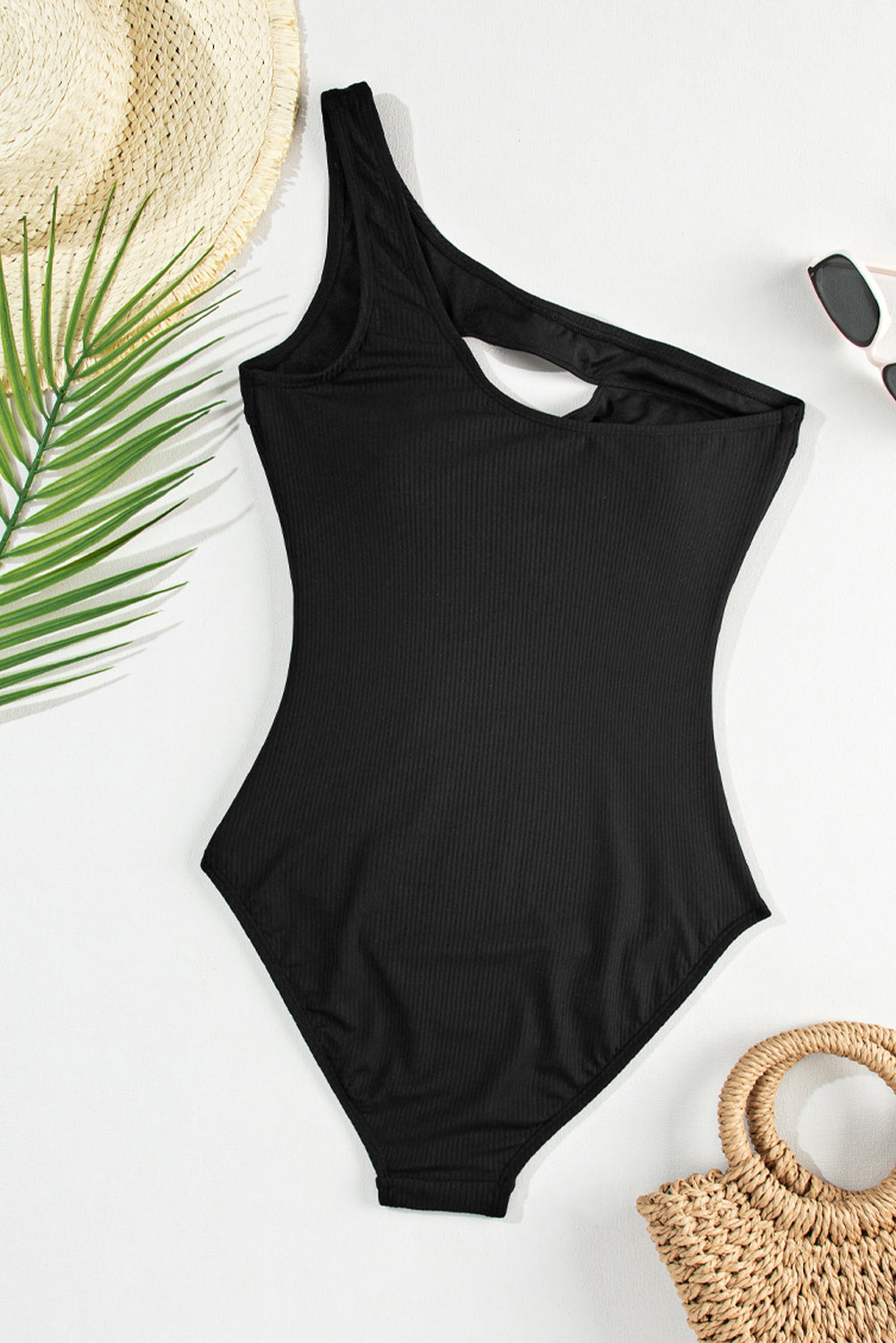 Black Ribbed One Shoulder Hollowed One Piece Swimsuit