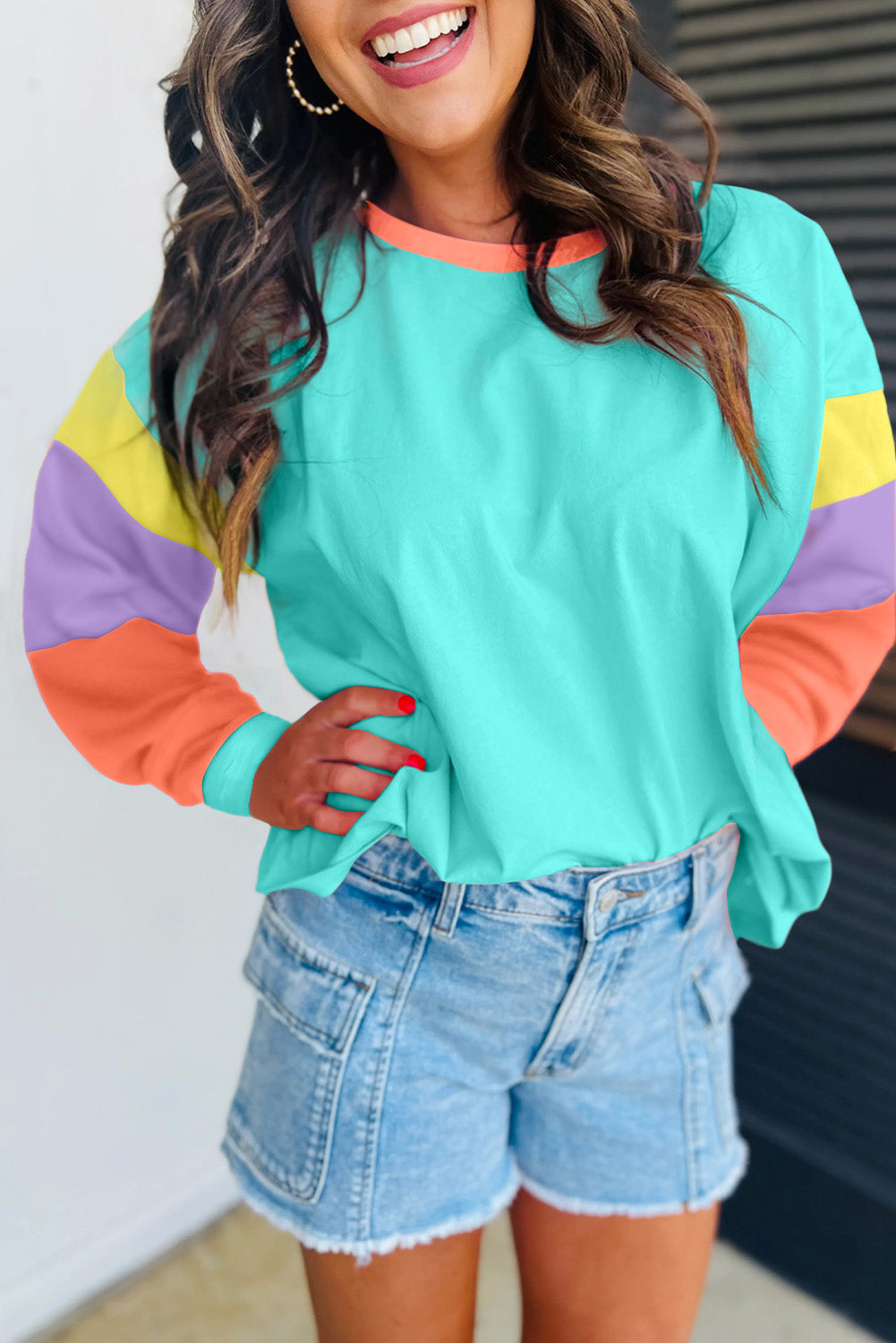 Color Block Patchwork Long Sleeve Loose Top