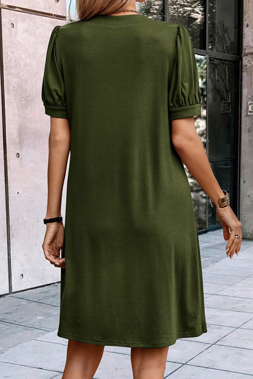 Pleated Puff Sleeve Dress with Notched Neckline in Fern Green