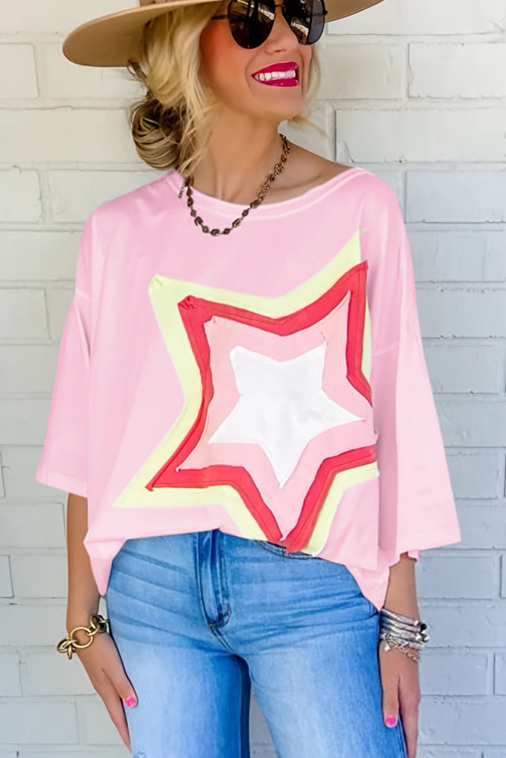 Colorblock Star Patched Half Sleeve Oversized Tee