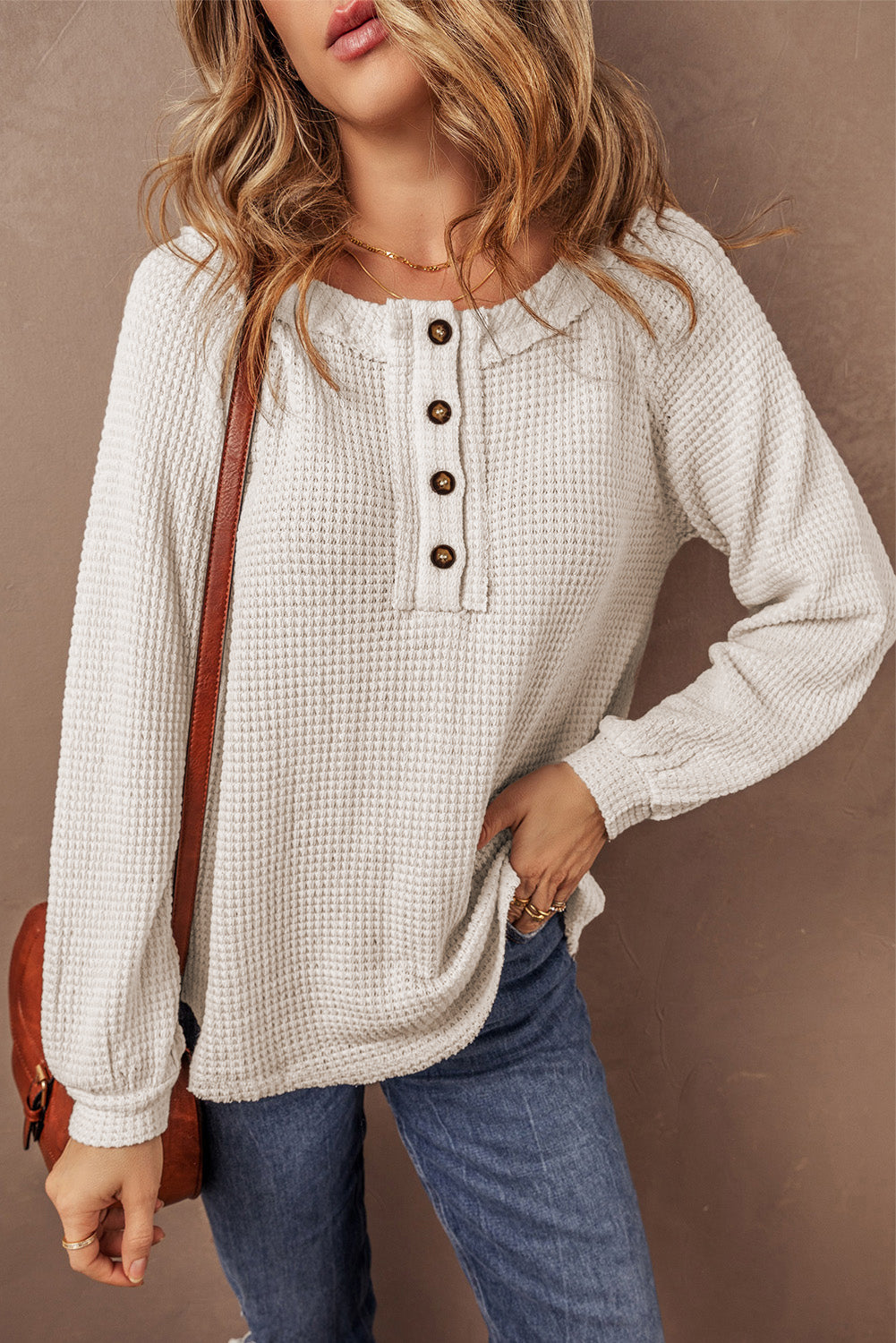 Oatmeal Waffle Knit Buttoned Front Raglan Sleeve Loose Sweater