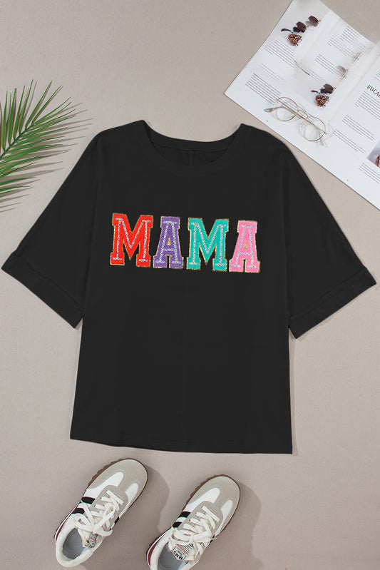 MAMA Chenille Patched Crew Neck T Shirt in black
