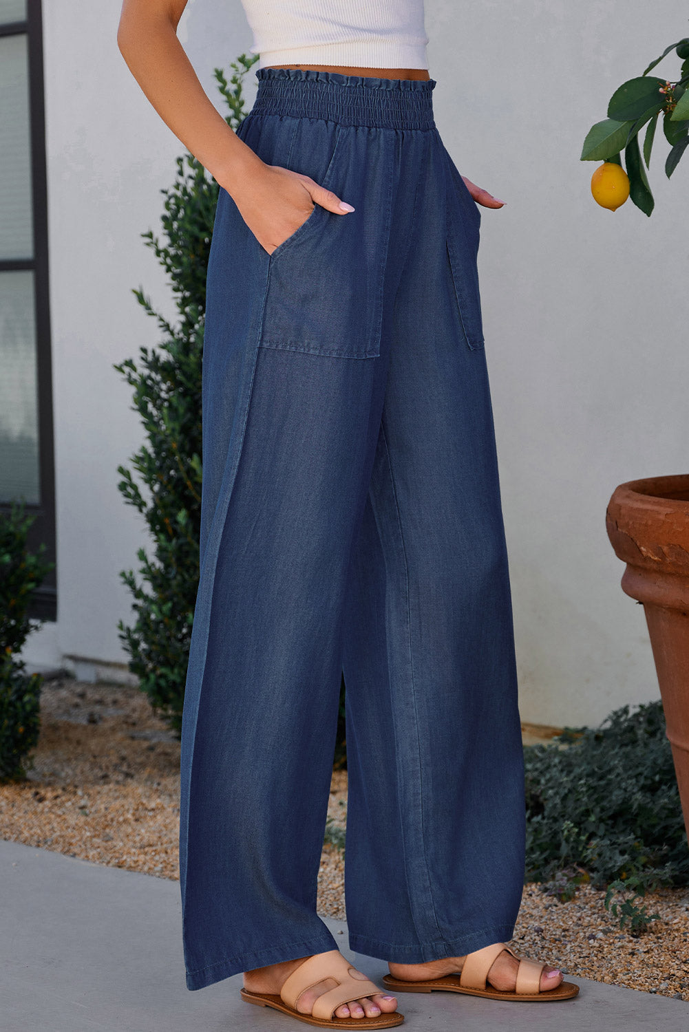 Side Pockets Frilled Smocked High Waist Wide Leg Jeans