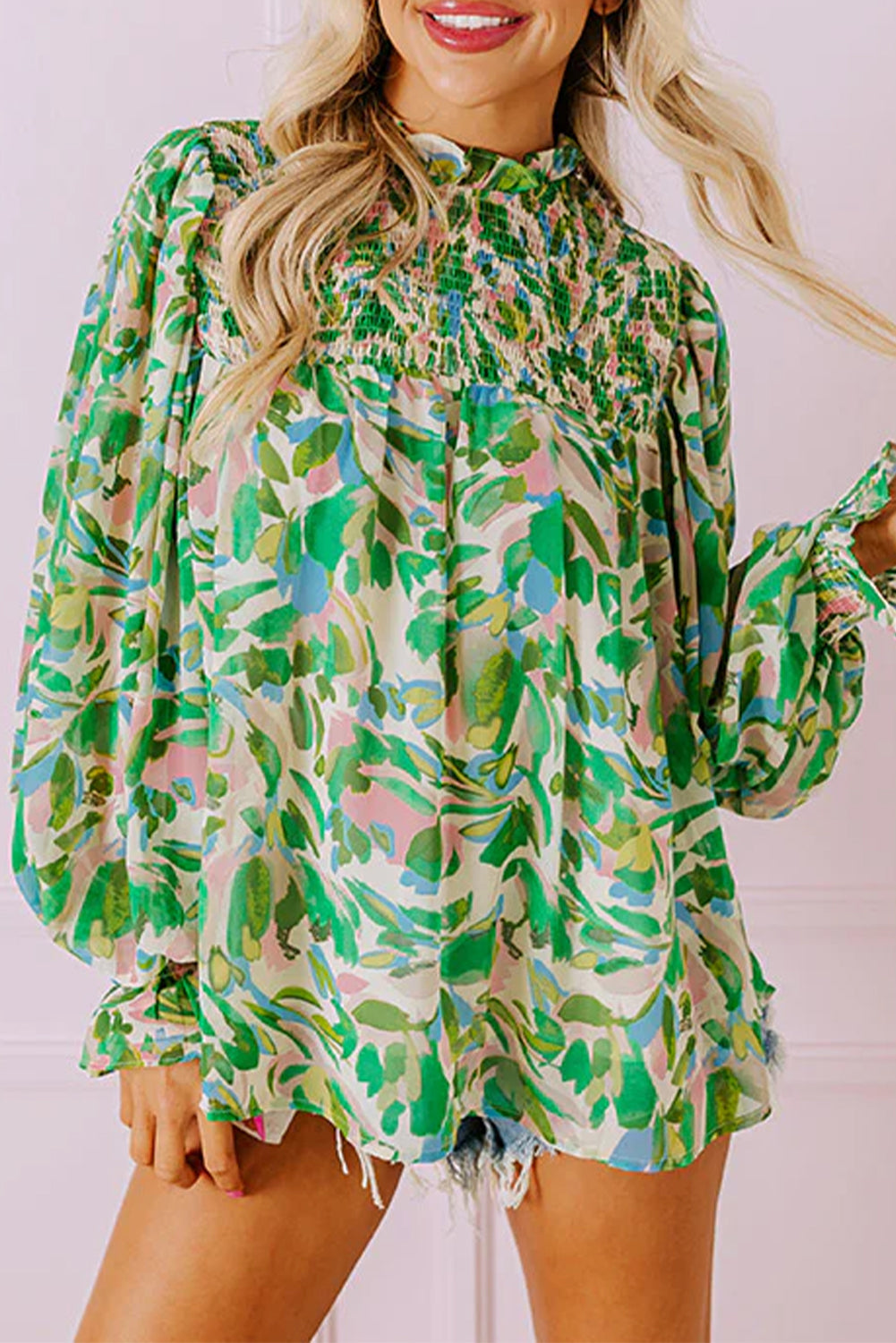 Green Leafy Printed Flounce Sleeve Blouse