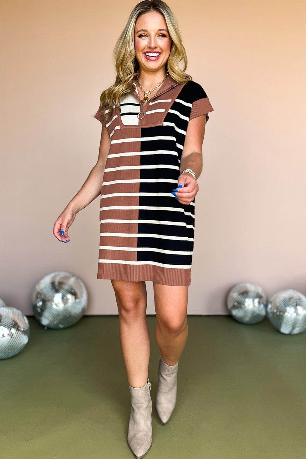 Stripe Color Block Quarter Zip Collar Short Sleeve Sweater Dress