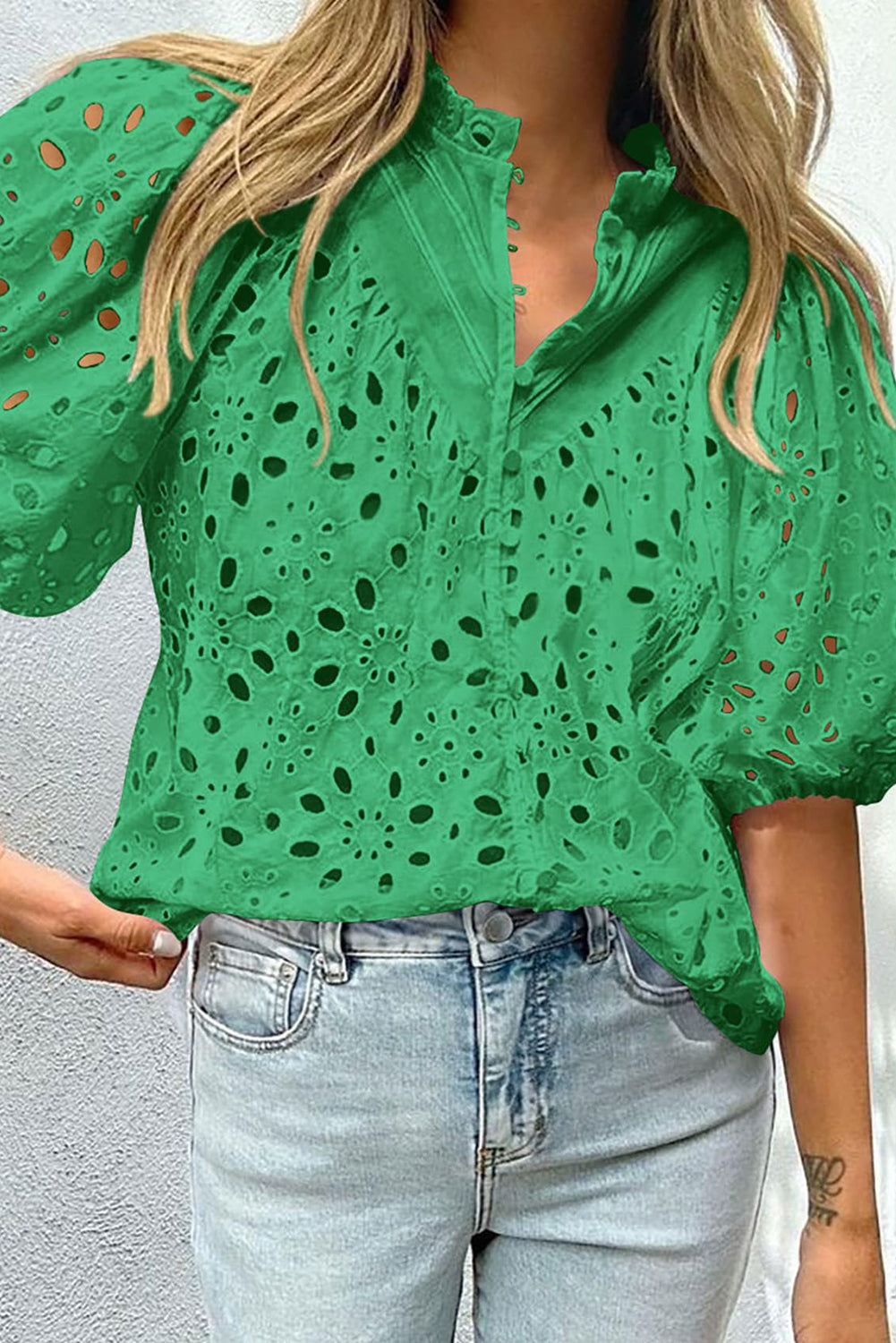 Flower Embroidered Hollow-out Puff Sleeve Blouse