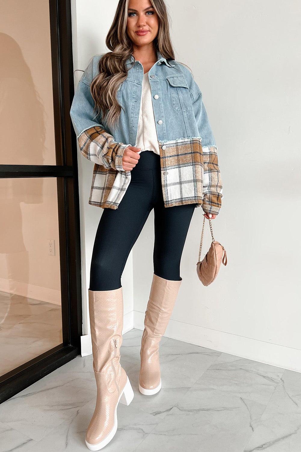 Khaki Plaid Patchwork Buttoned Oversized Denim Jacket