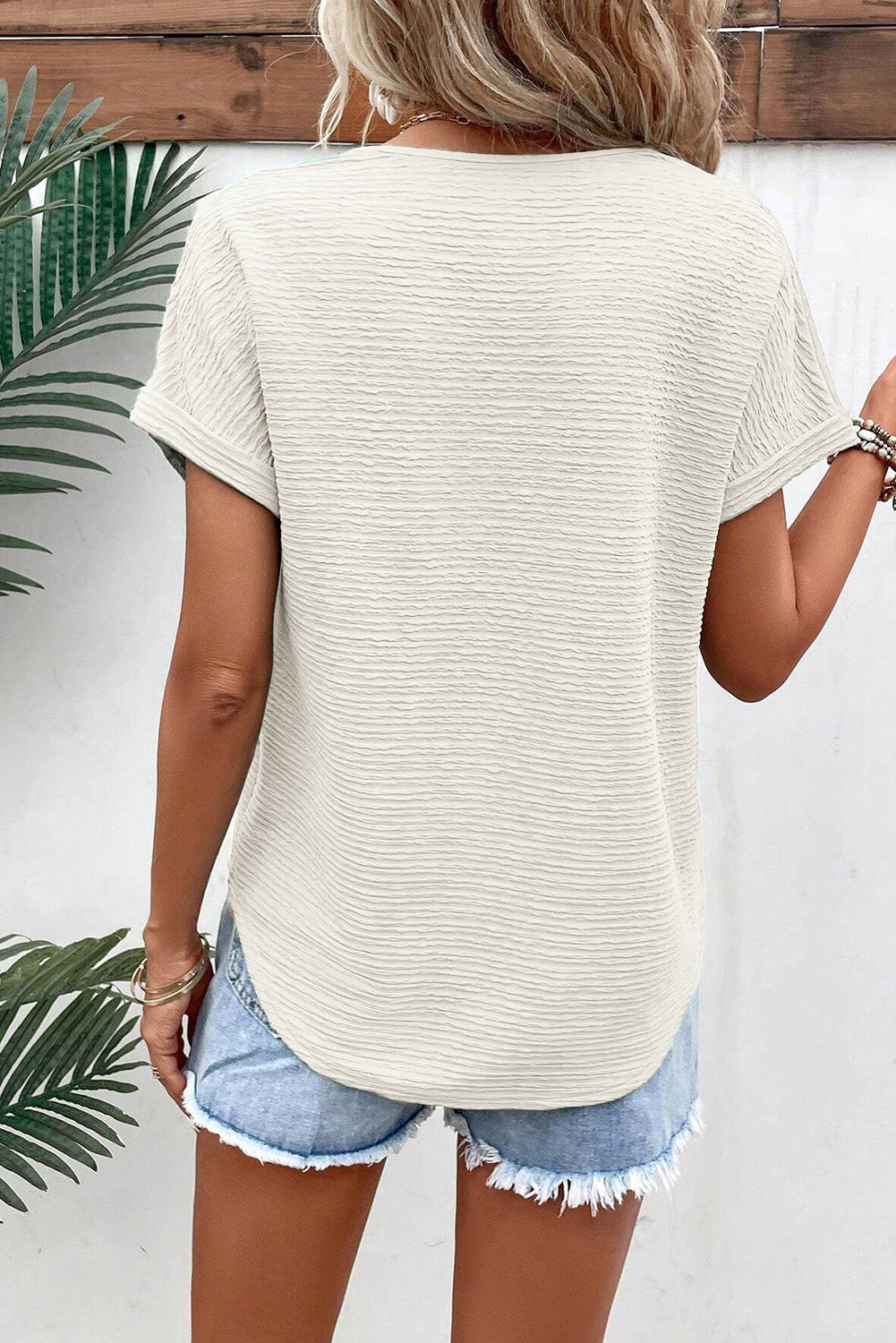 Textured Wide Sleeve V Neck Shirt