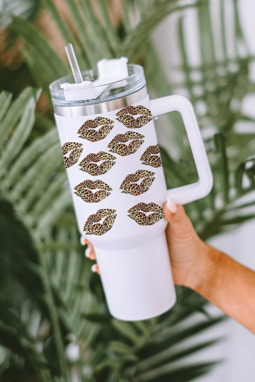 Leopard Lips in White Thermos Cup and Straw 40oz