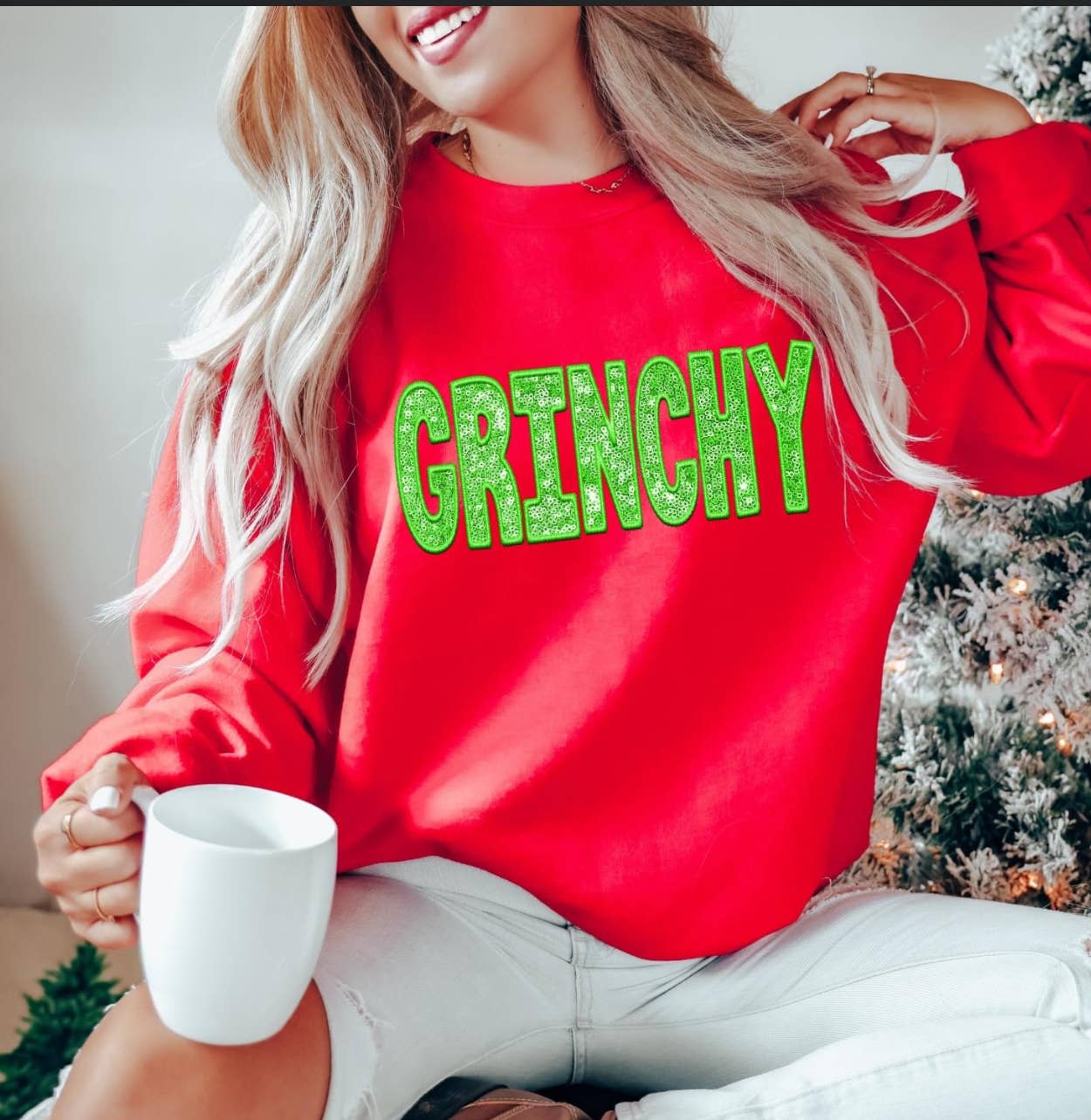 Grinchy Faux Glitter Sweatshirt in Red