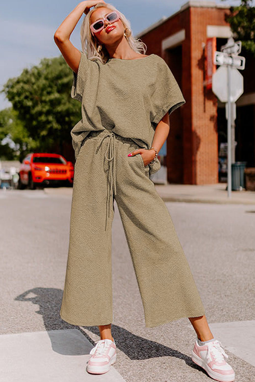 Textured Loose Fit T Shirt and Drawstring Pants Set