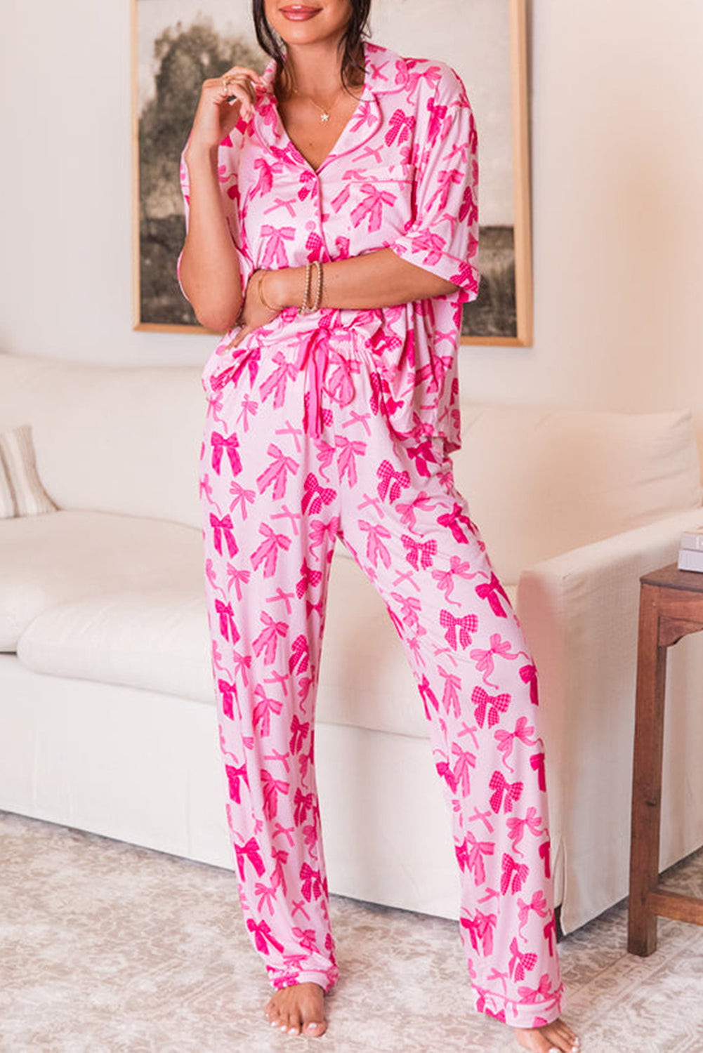 Pink Bow Knot Print Lapel Collar Short Sleeve and Pants Pajamas Set