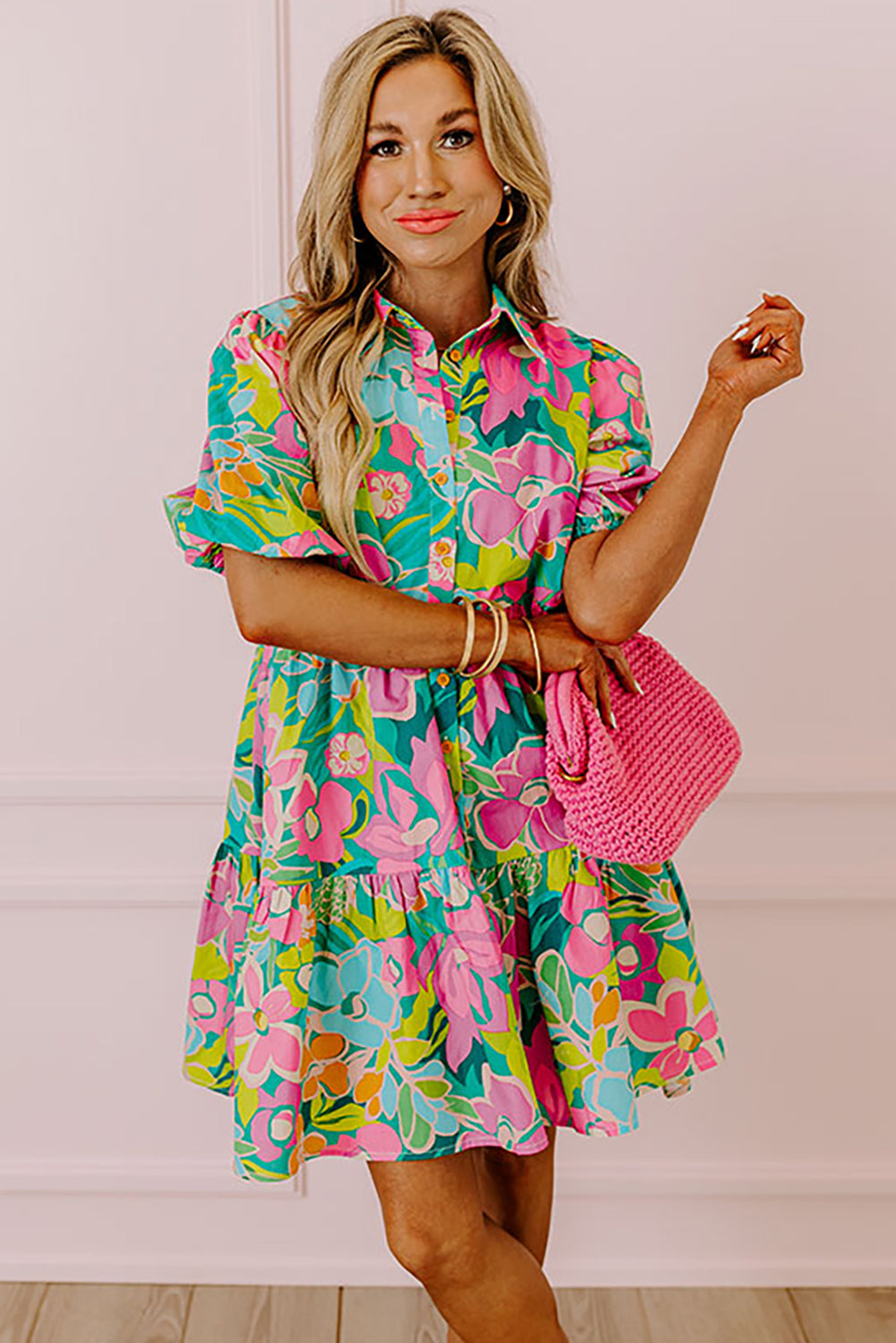 Floral Puff Sleeve Collar Buttoned Babydoll Dress