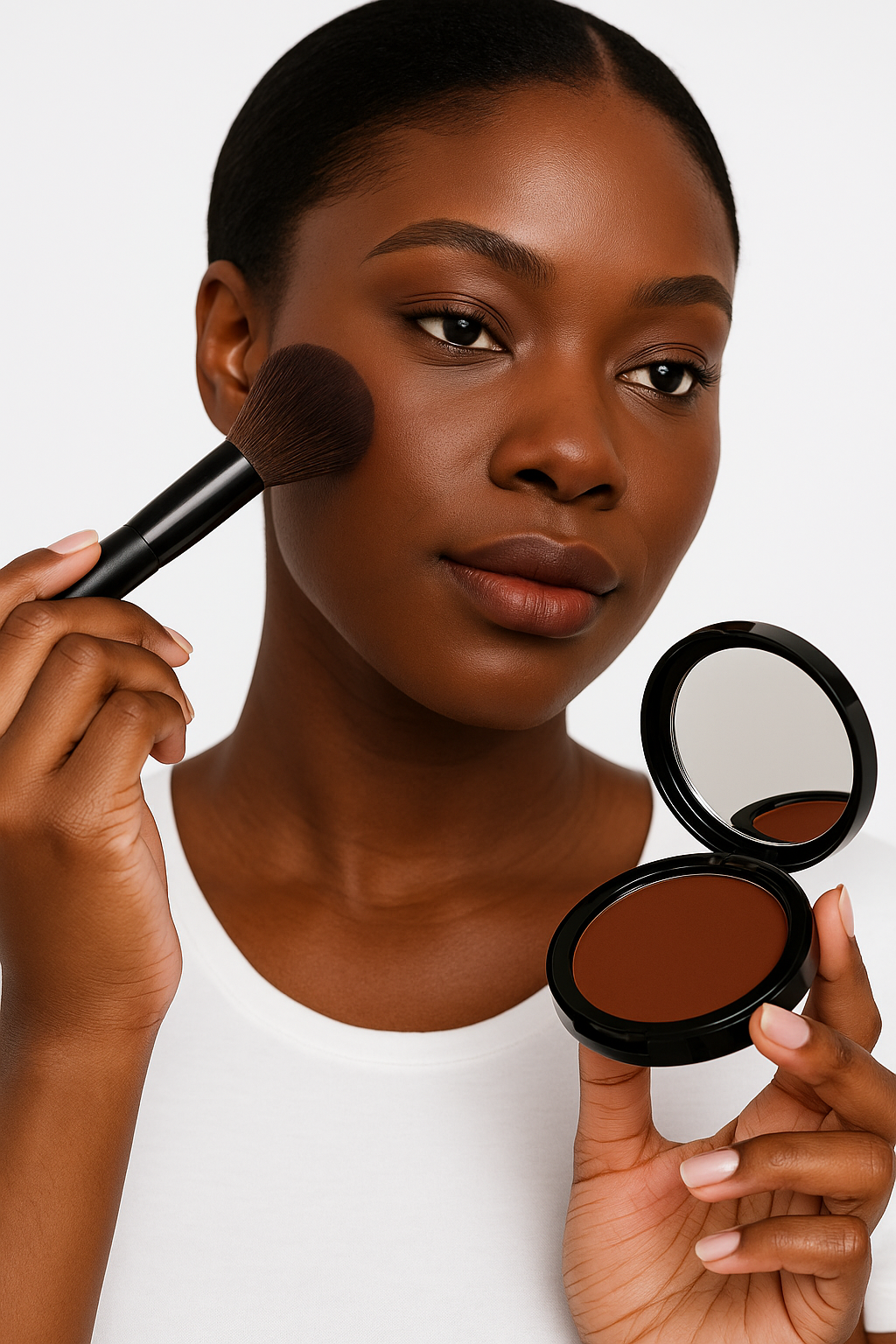 Woman applying makeup with a brush and compact powder on a white background