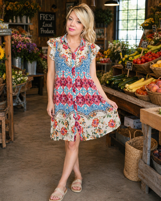 Woman in a floral dress standing in a market with produce in the background