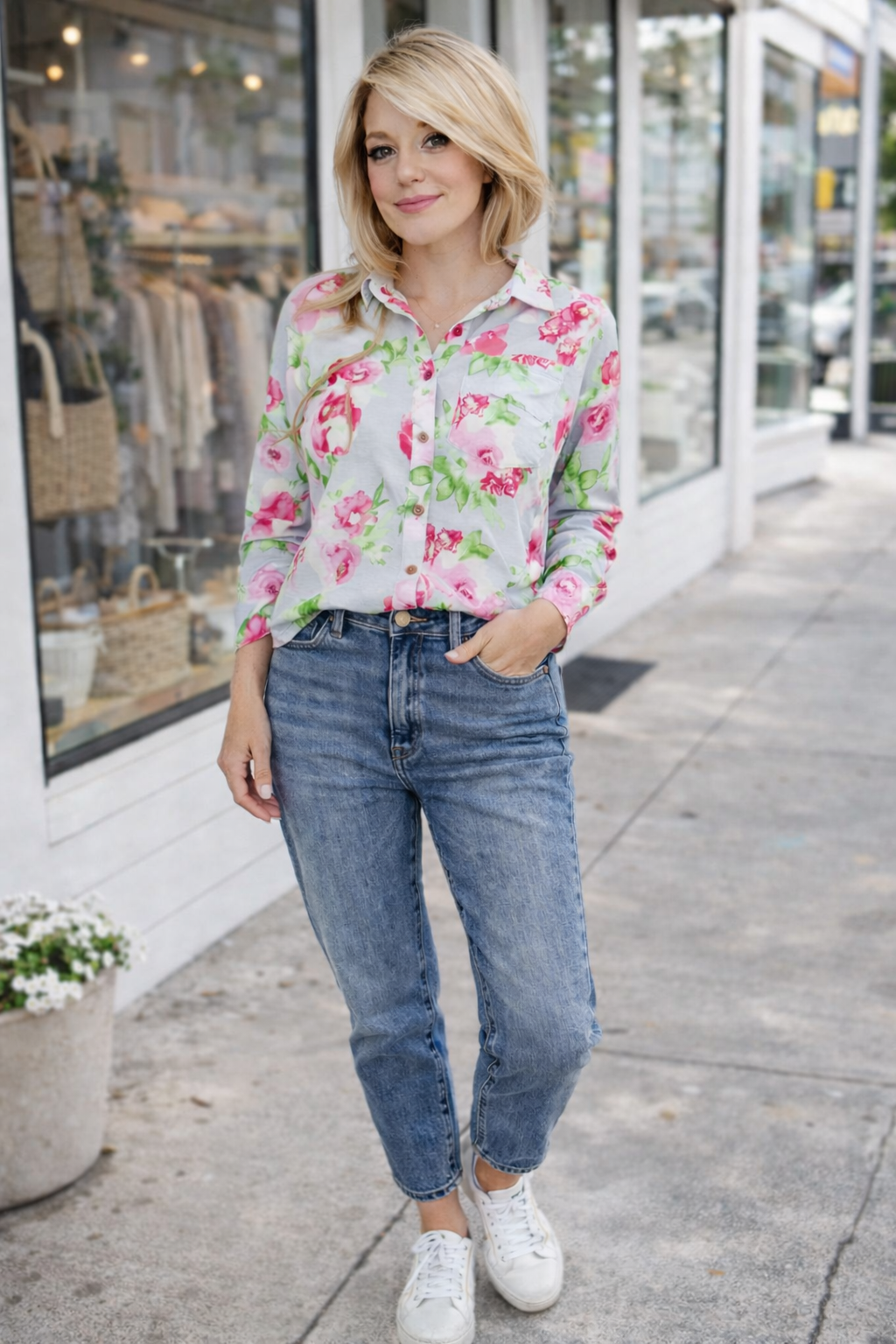 Woman wearing a floral shirt and jeans standing on a sidewalk.
