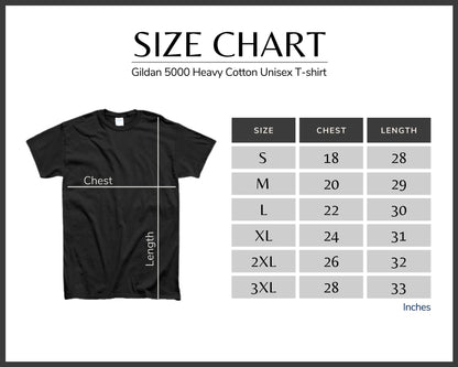 Size chart for Gildan 5000 Heavy Cotton Unisex T-shirt with a black t-shirt on the left.