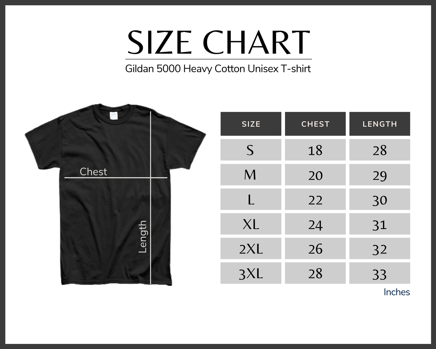 Size chart for Gildan 5000 Heavy Cotton Unisex T-shirt with a black t-shirt on the left.