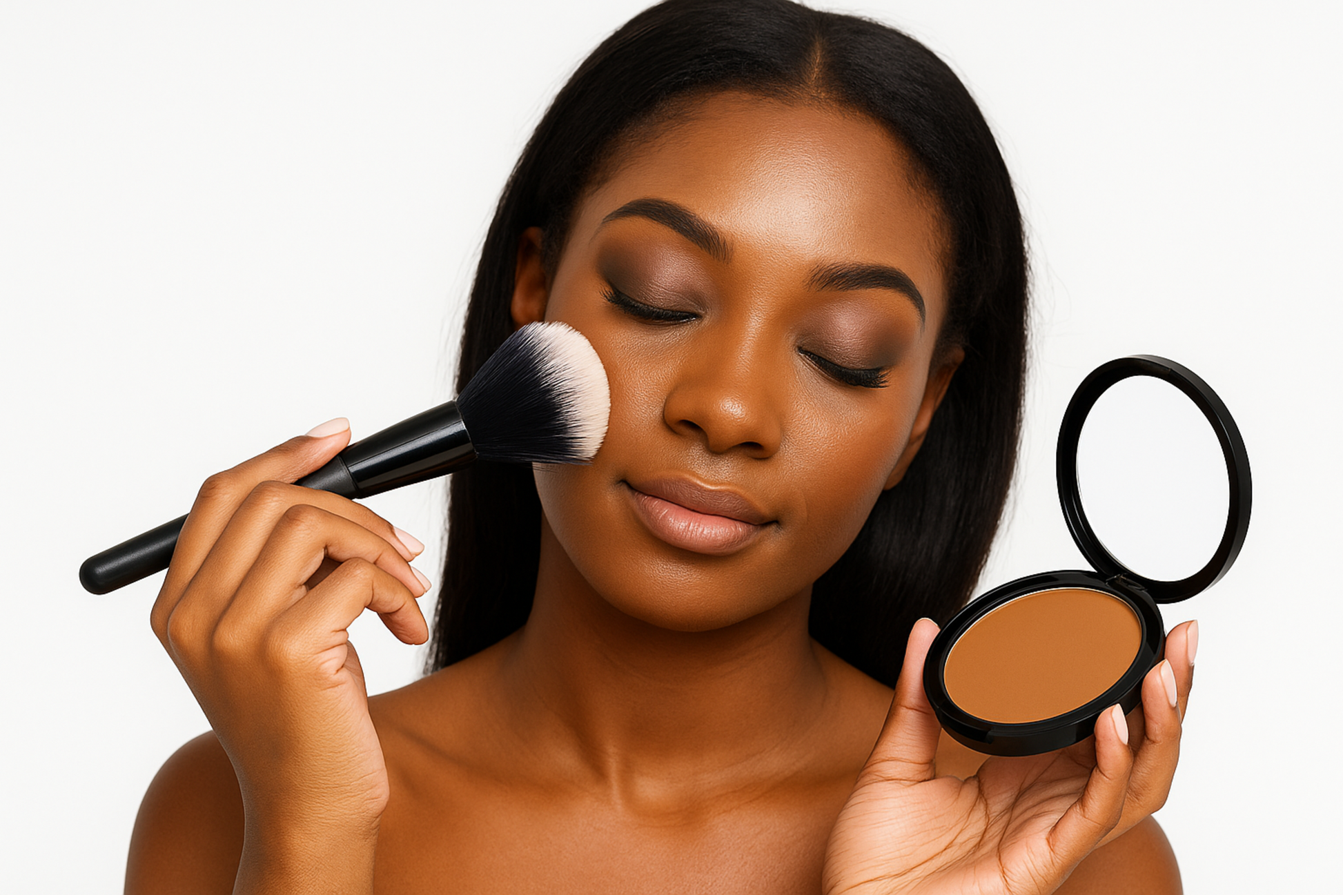 Woman applying makeup with a brush and compact powder on a white background