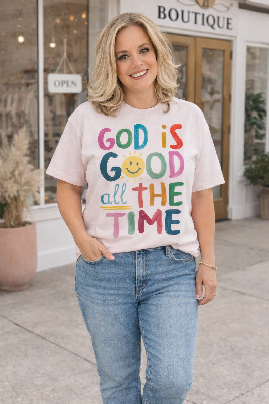 Woman wearing a t-shirt with 'God is Good all the Time' text in front of a store.