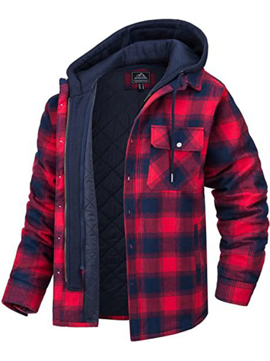 Men's Casual Thick Padded Plaid Long Sleeve Hooded Jacket