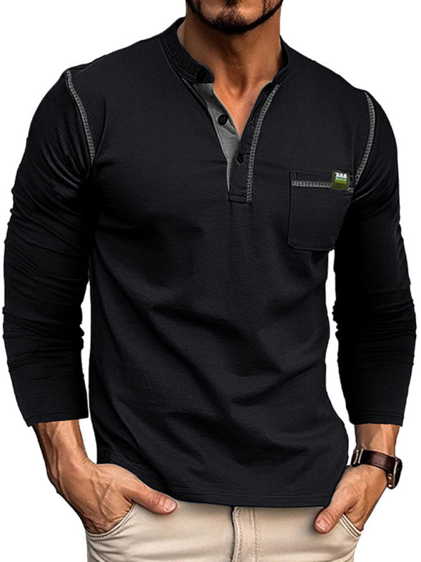 Men's Henley Color Block Knitted Long Sleeve T-Shirt