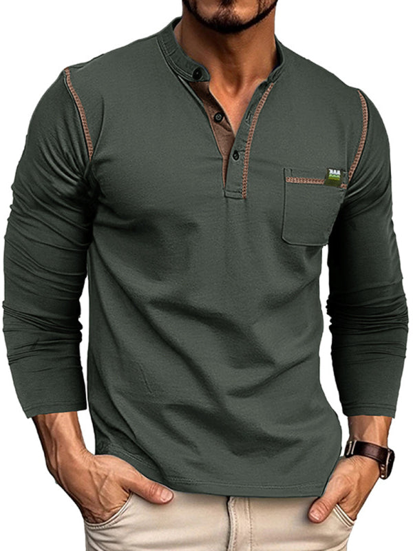 Men's Henley Color Block Knitted Long Sleeve T-Shirt