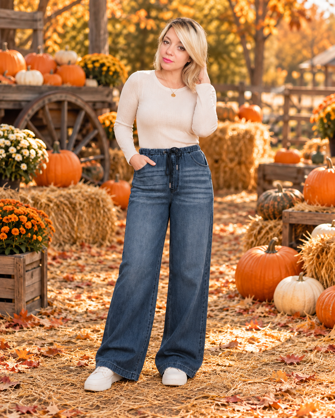 judy blue wide leg blue jean with drawstring