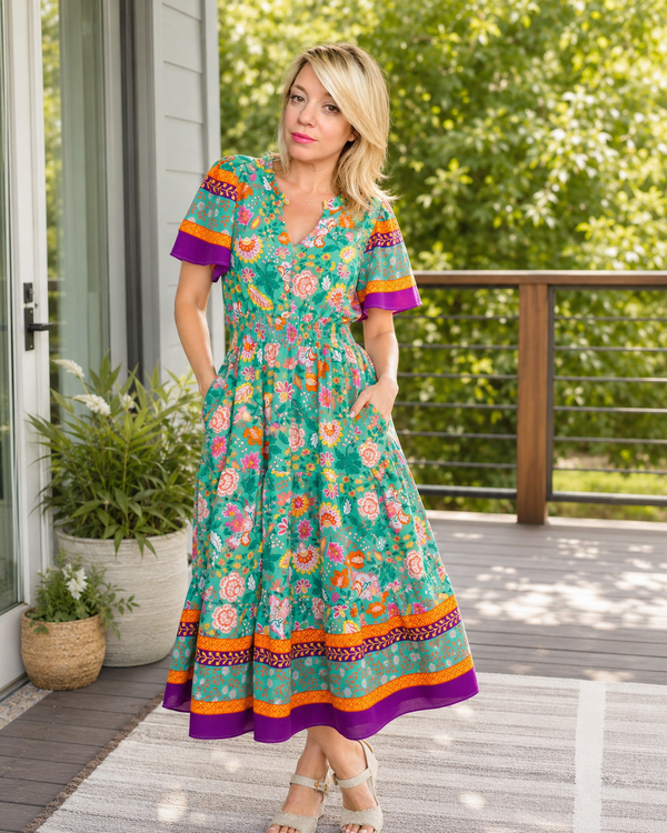 A woman modeling a vibrant green midi dress with a colorful floral print and purple, orange, and yellow trim, standing on a wooden deck with a garden background.